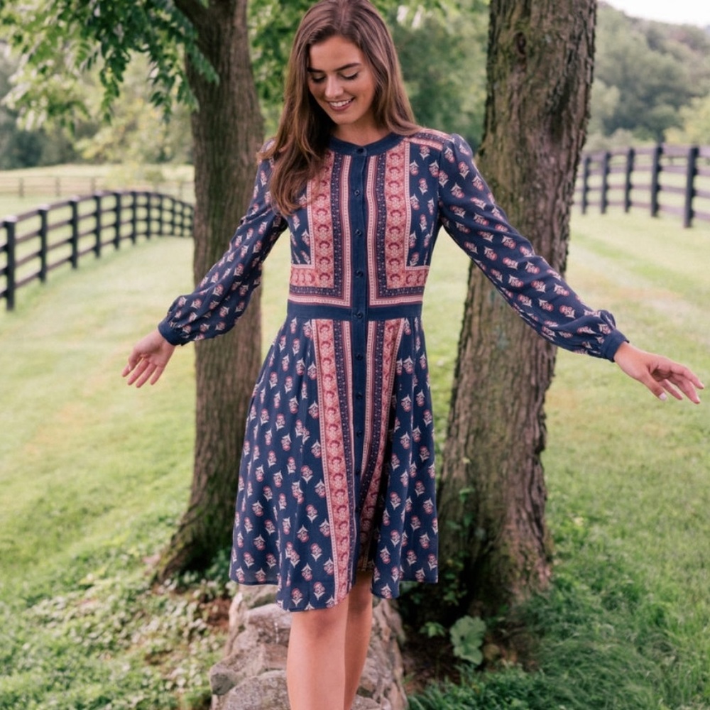 Gal Meets Glam “Carlene” Navy and Pink Long Sleeve Dress size 4